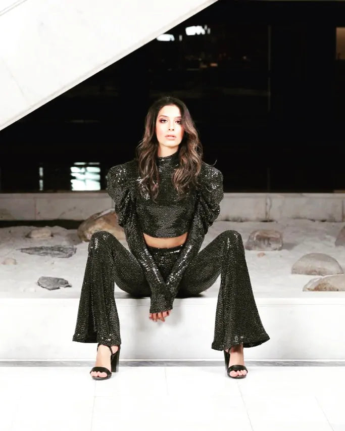Sequin silver black high neck crop top pants set