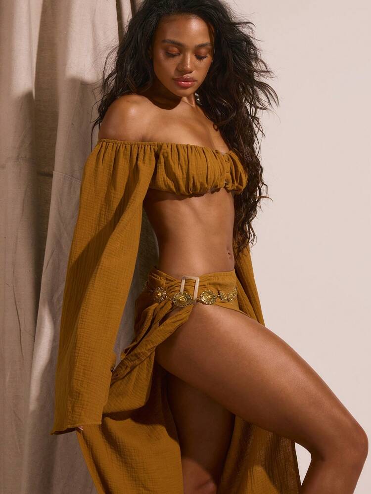 Brown off shoulder resort skirt set