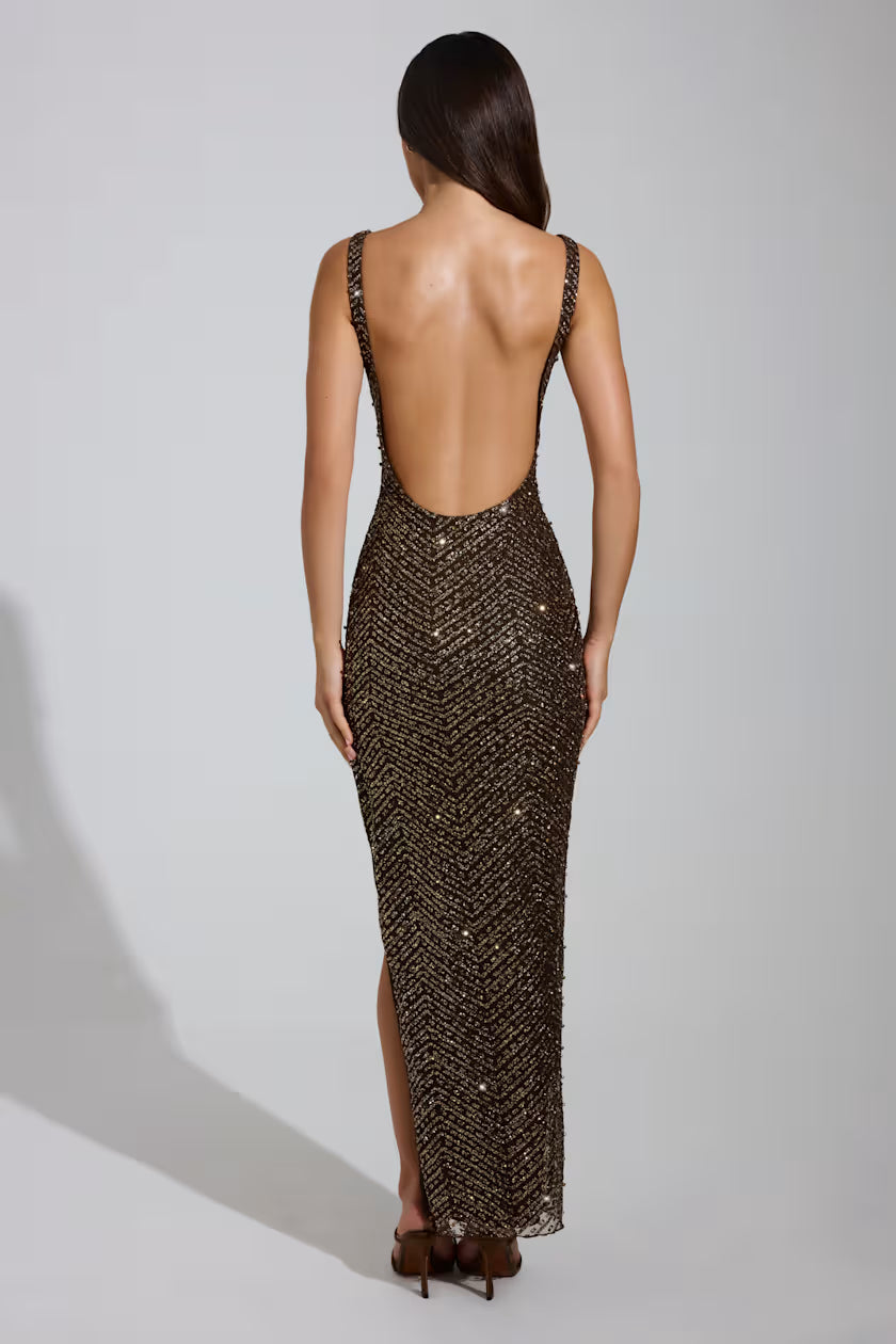 Embellished Brown backless dress