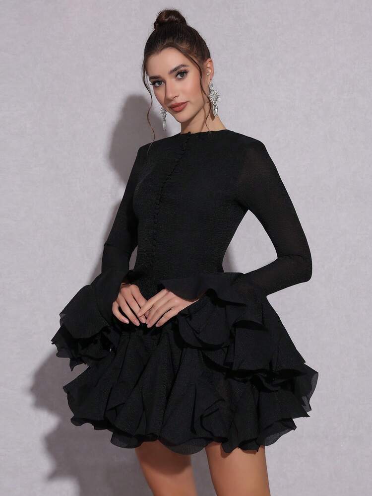Flare sleeves long button fitted mini dress