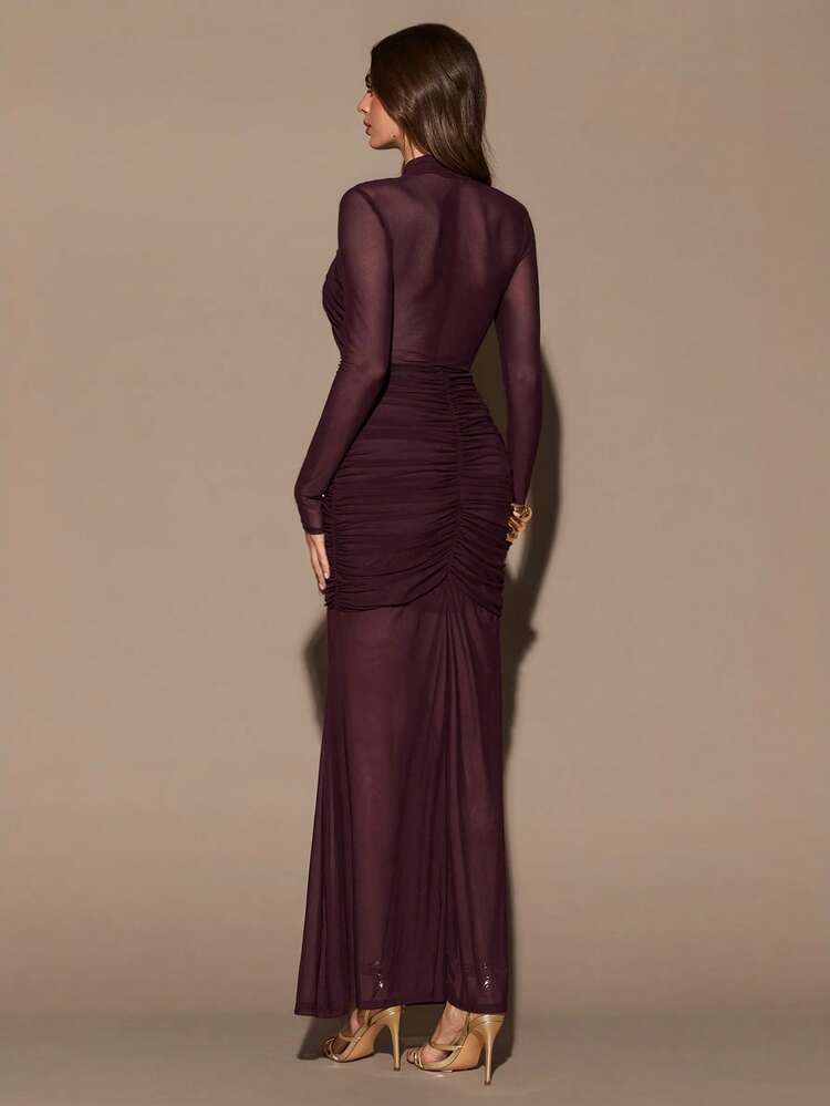 Burgundy cross sheer tulle maxi dress