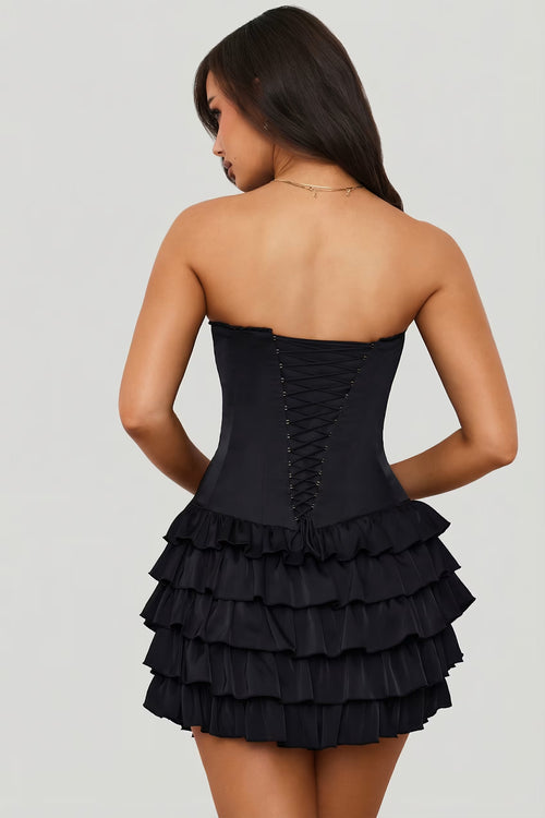 Black corset ruffle hem mini dress