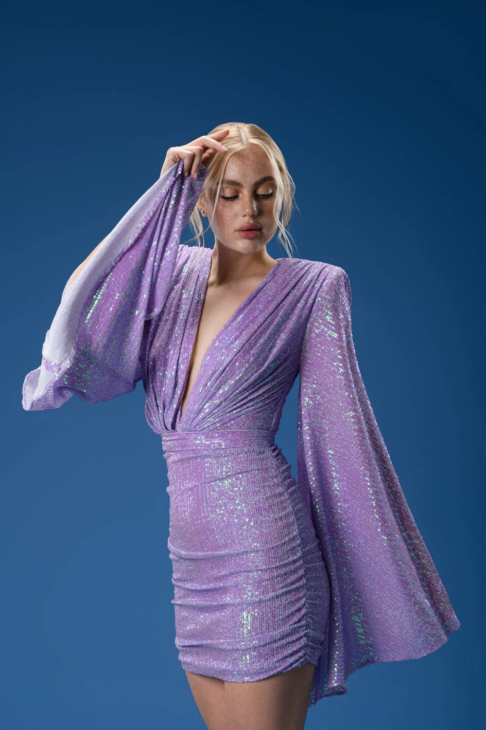 Sequin balloon sleeve draped mini dress in lilac