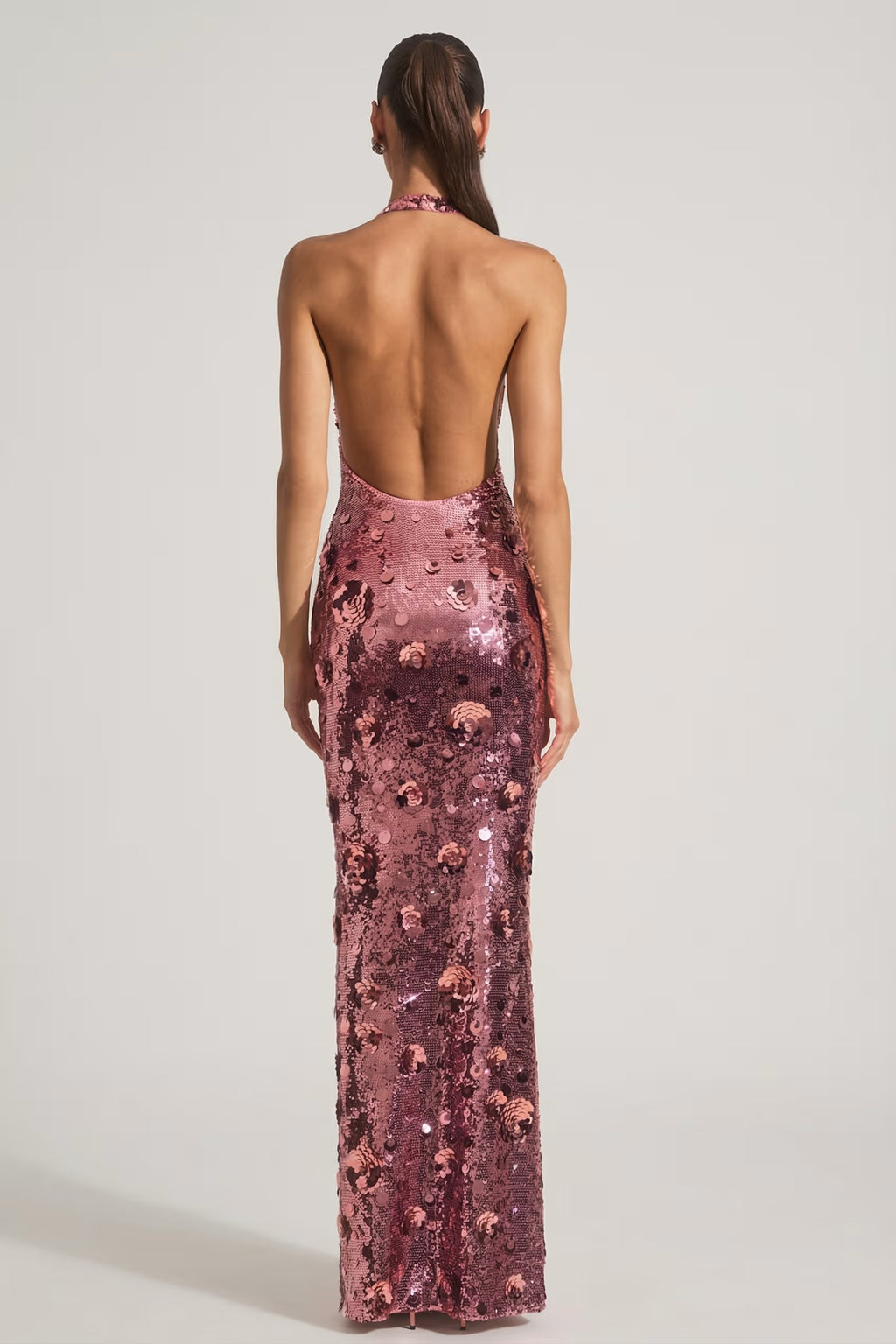 Embellished halter backless 3d floral maxi dress in pink