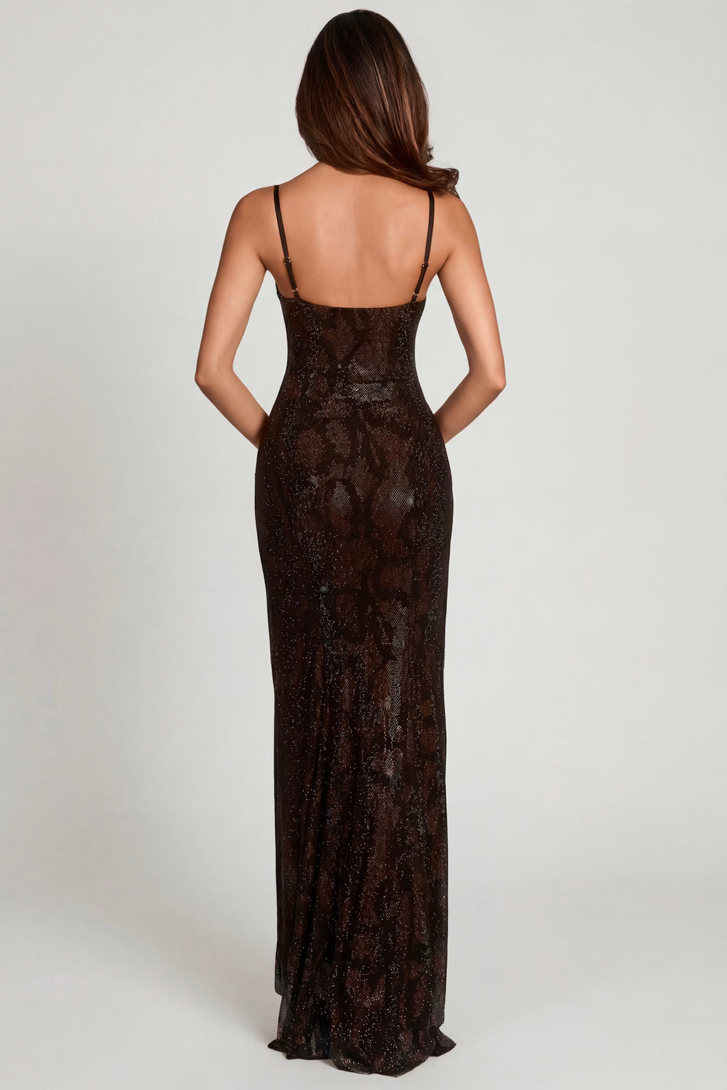Brown embellished snake print maxi dress