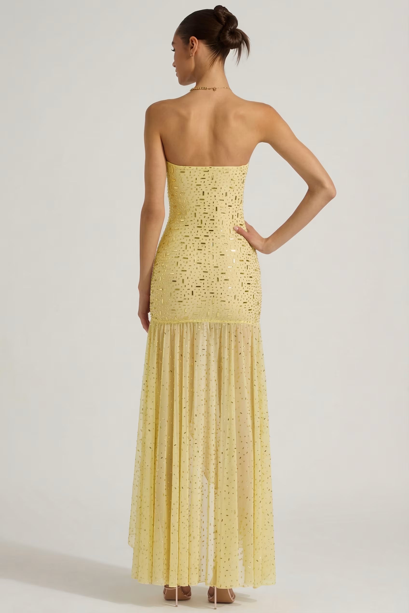 Embellished asymmetrical maxi dress in butter yellow