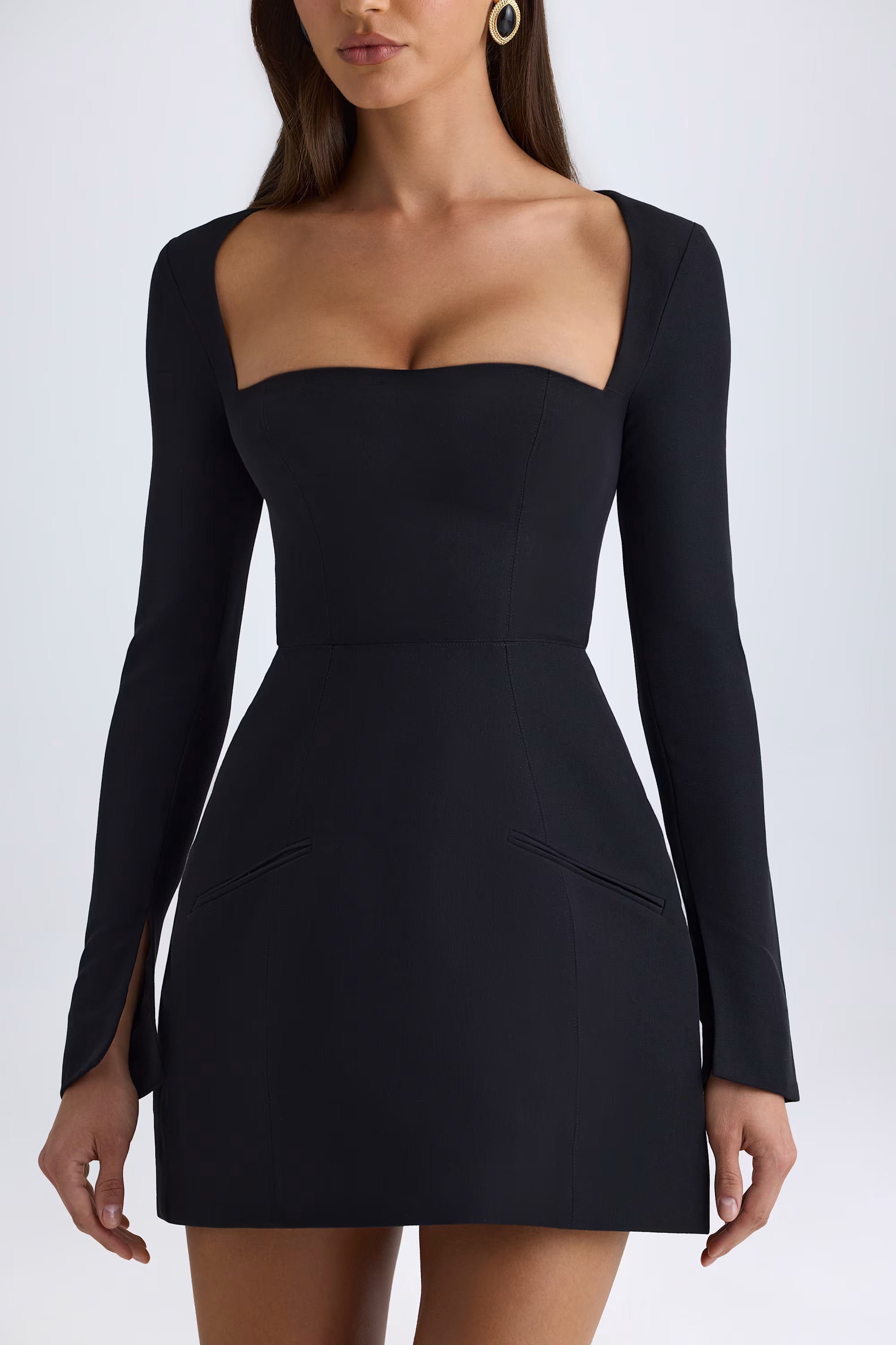 Square neck long sleeves mini dress in black
