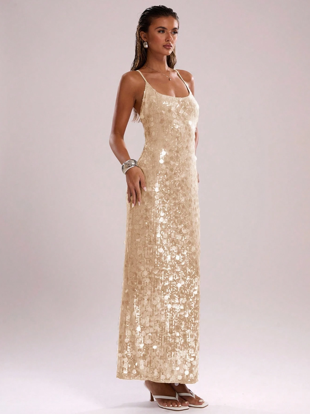 Embellished mermaid sequin cross back maxi dress