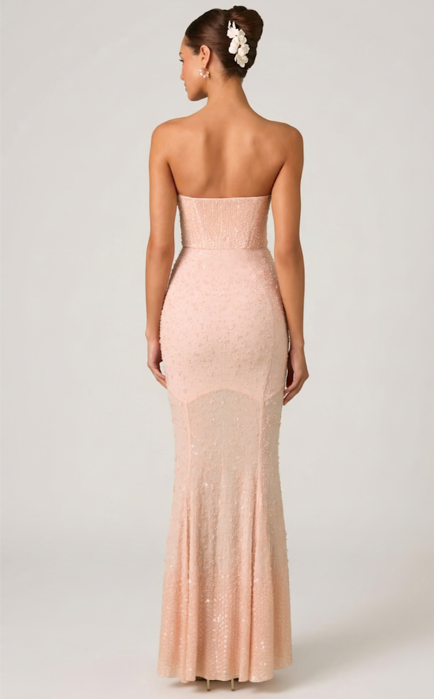 Embellish cupped fishtail gown in dusty rose