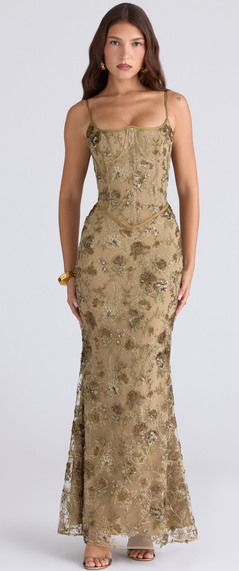 Cupped Corset maxi dress in olive