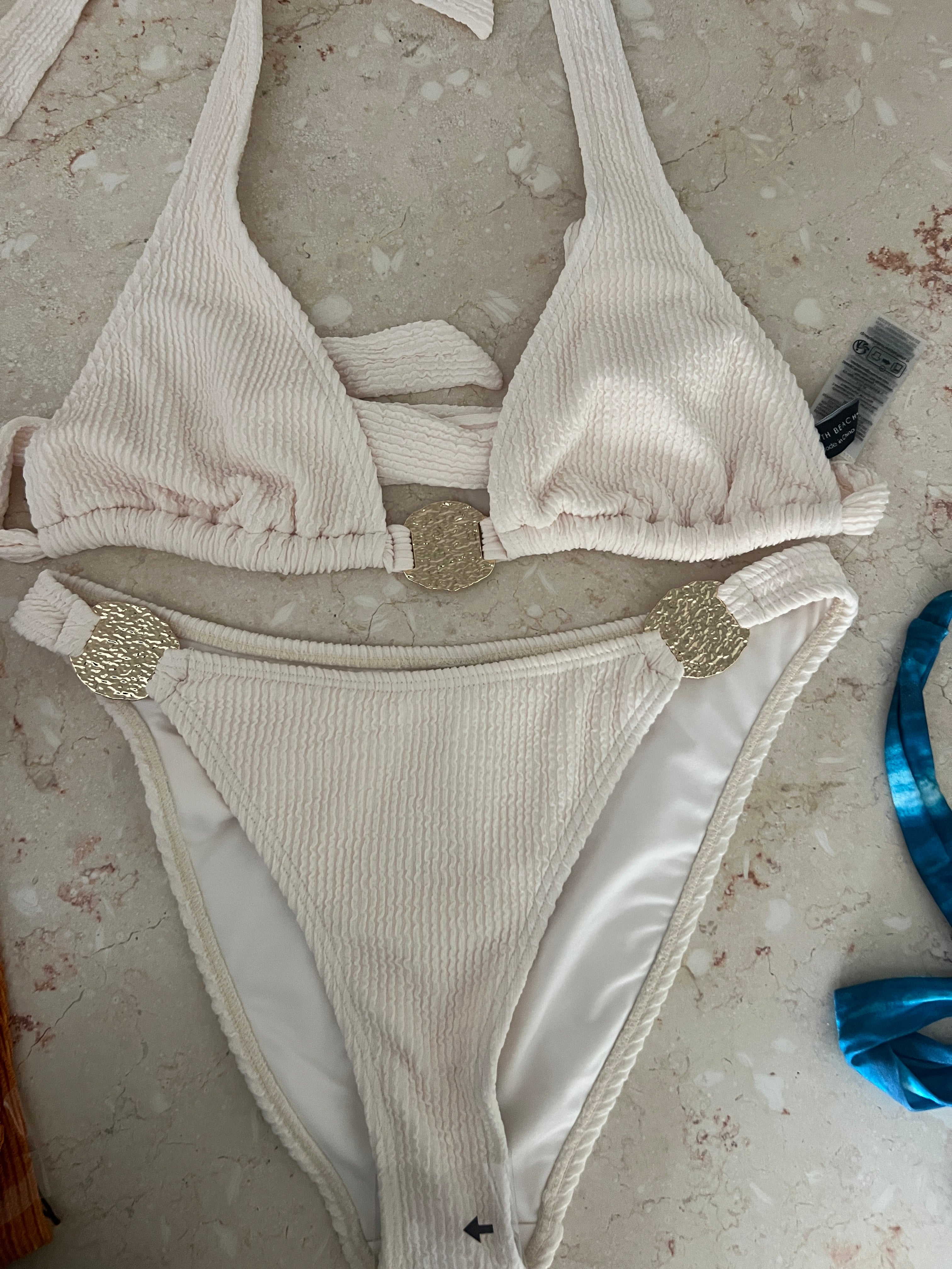 White bikini with gold
