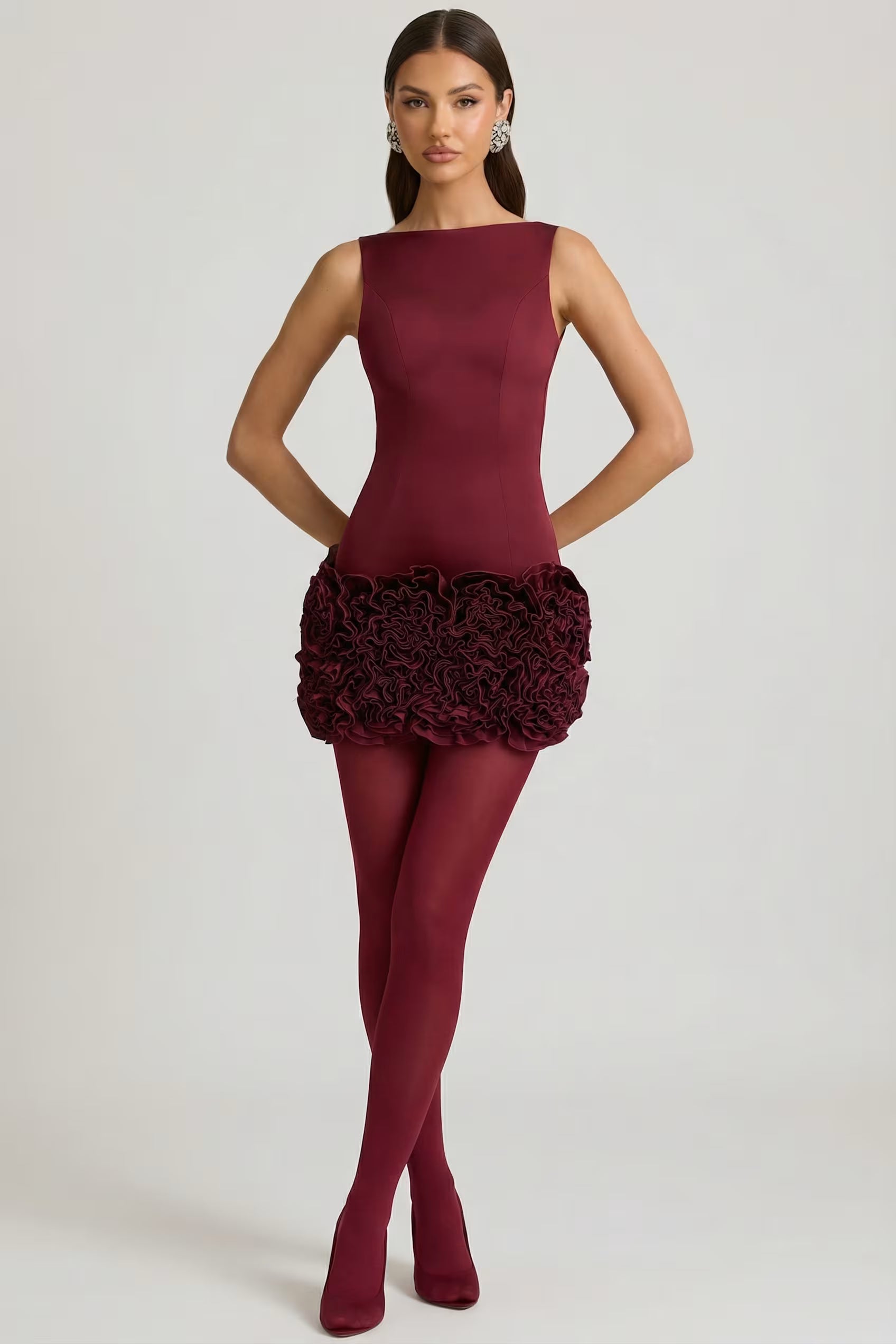 Backlesa 3d floral satin mini dress in burgundy