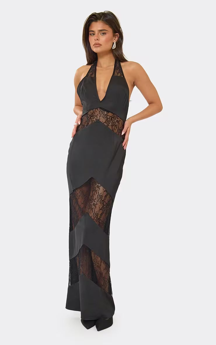 Satin lace halter maxi slip dress black