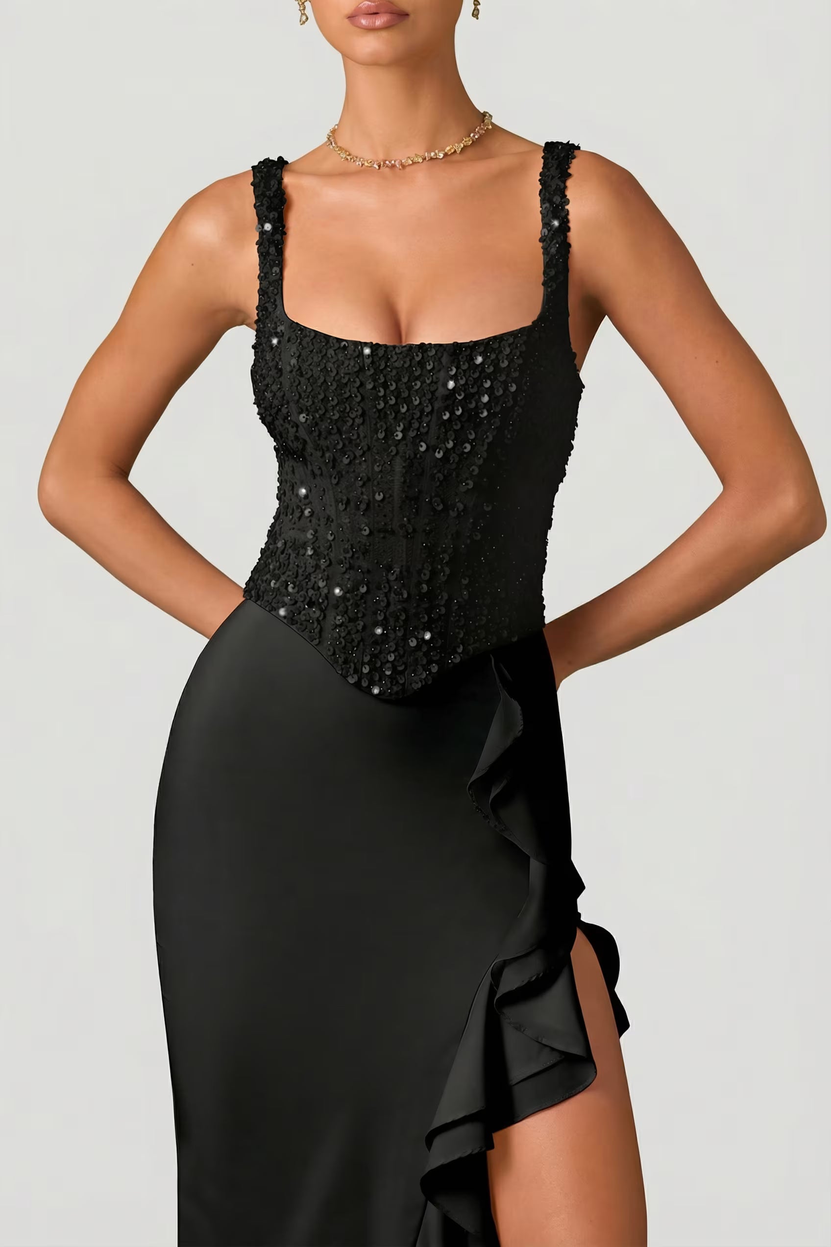 Embellished corset ruffle maxi dress in black