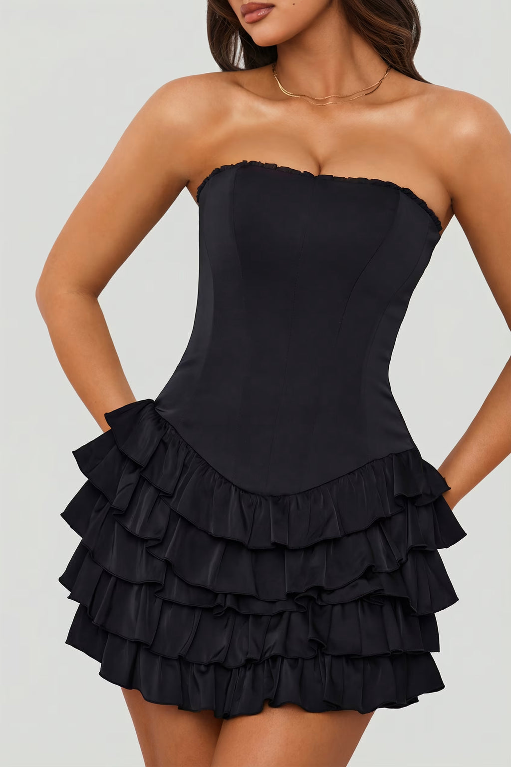 Black corset ruffle hem mini dress