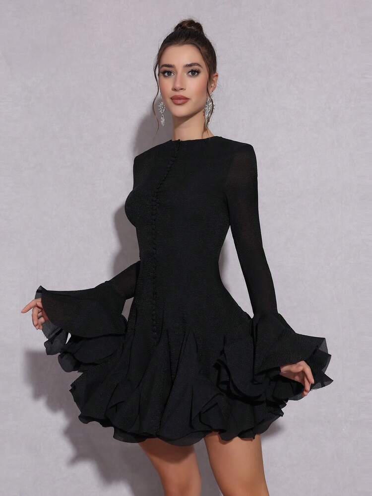 Flare sleeves long button fitted mini dress