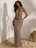 Halter neck backless embellished skirt set brown