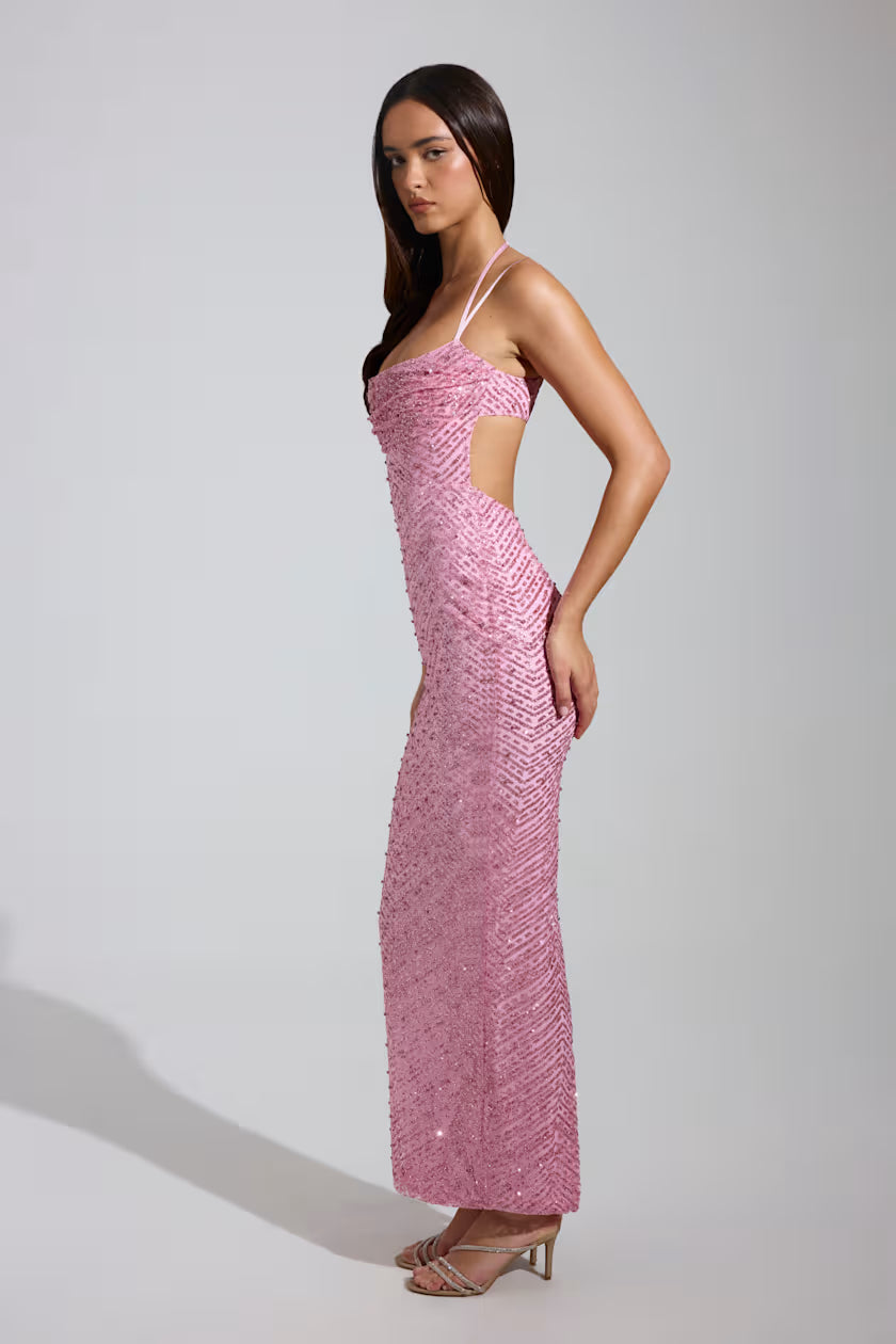 Sequin cowl neck with back cutouts maxi gown