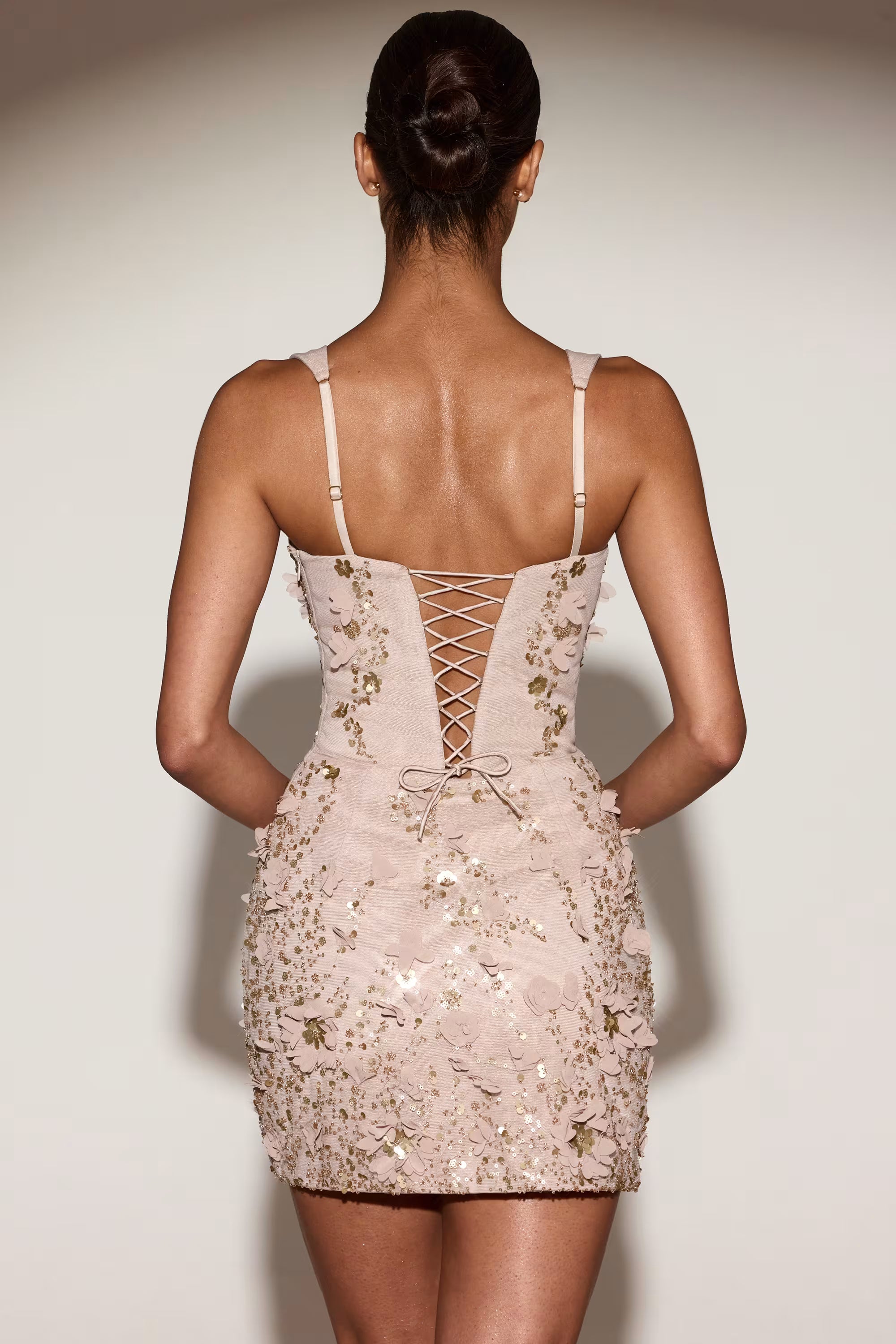 Rose nude embellished 3d floral mini dress
