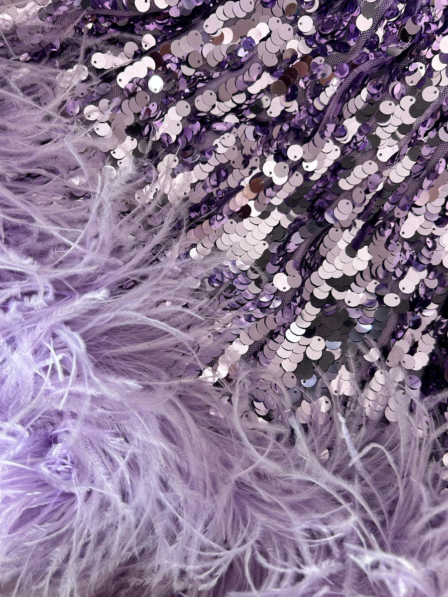 Sequin cutout feather mini dress in lilac