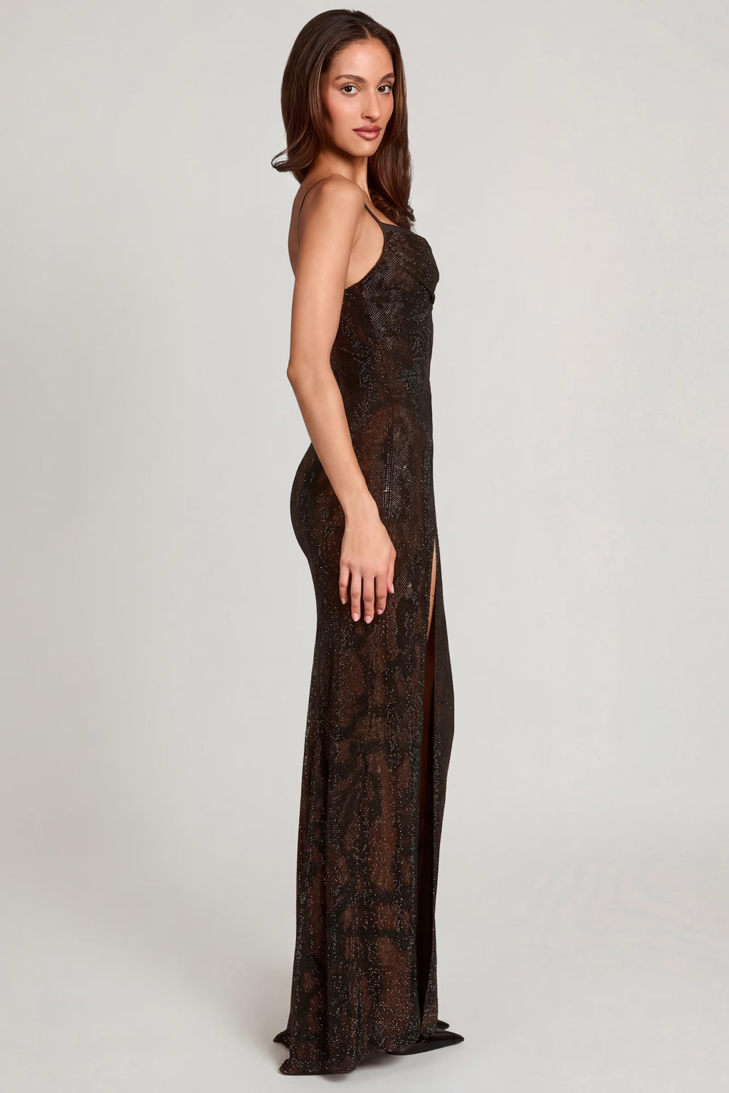 Brown embellished snake print maxi dress