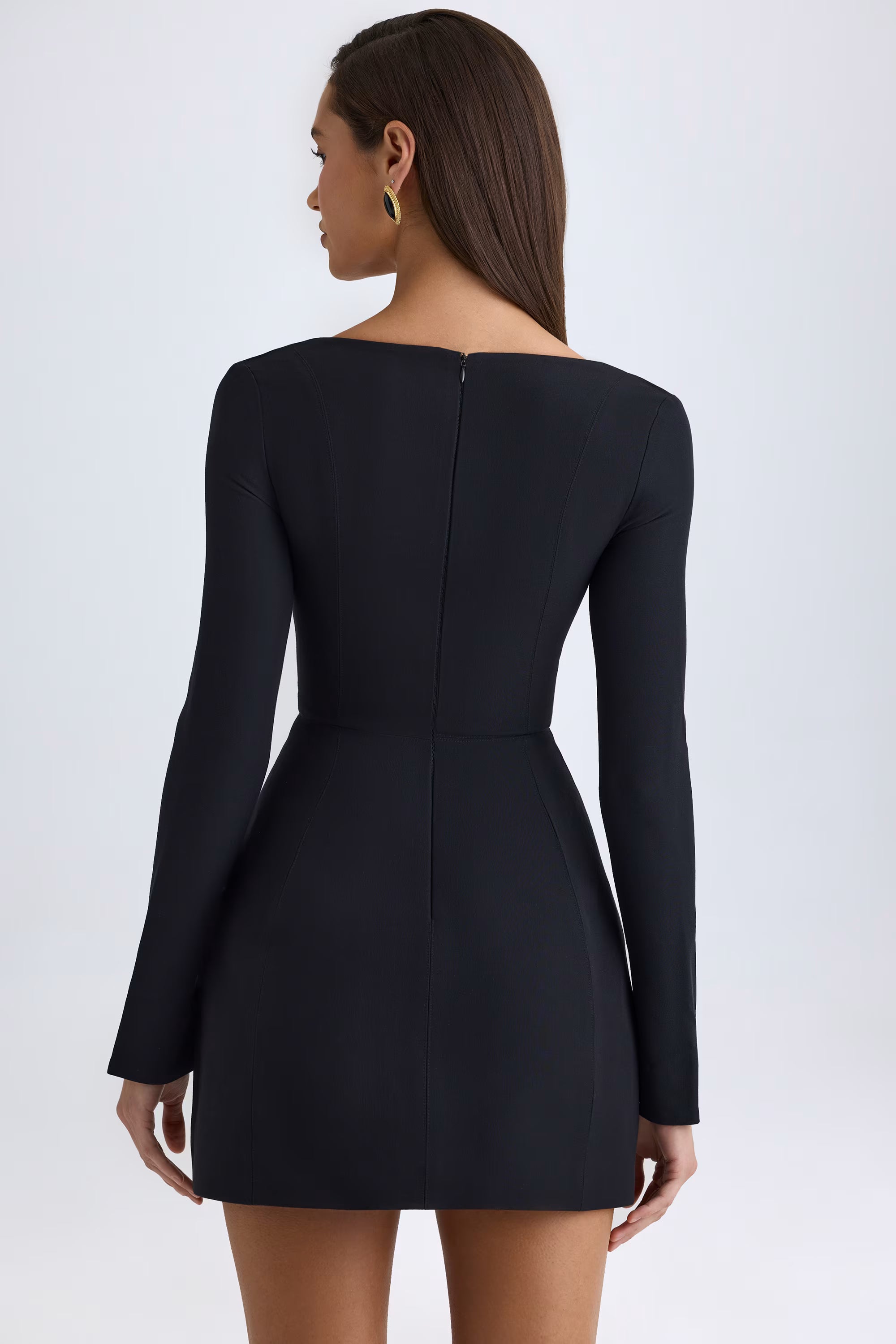 Square neck long sleeves mini dress in black