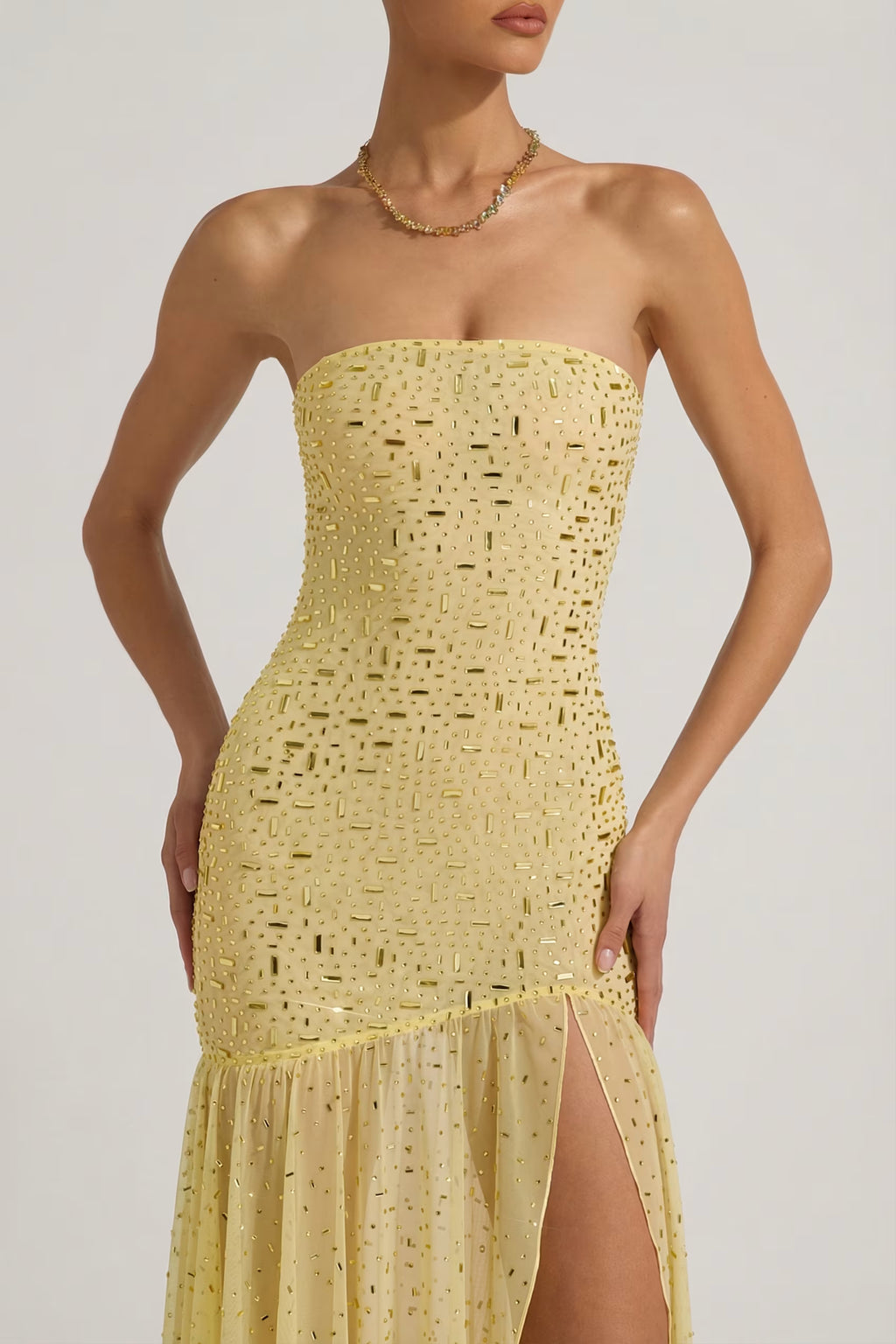 Embellished asymmetrical maxi dress in butter yellow