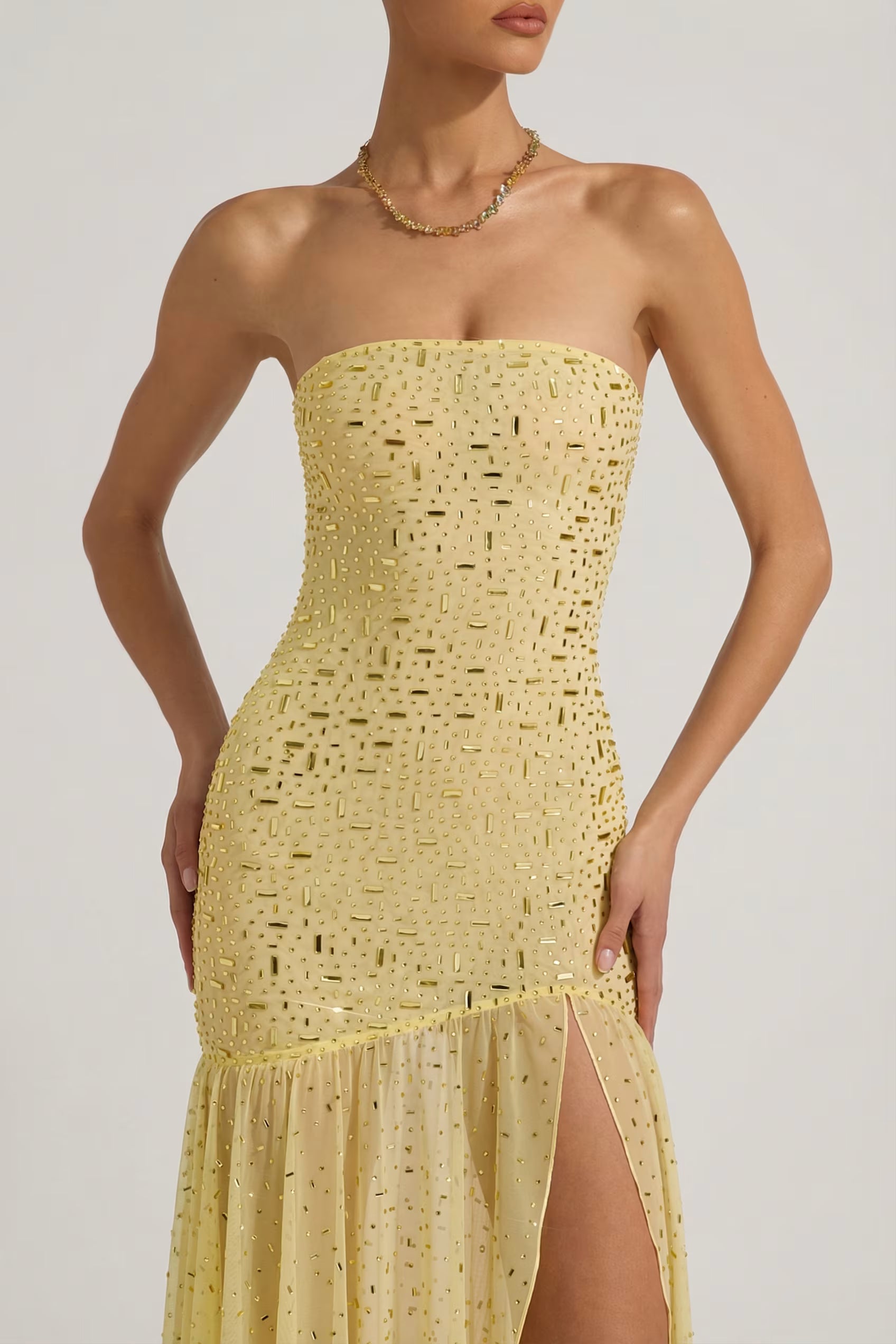 Embellished asymmetrical maxi dress in butter yellow