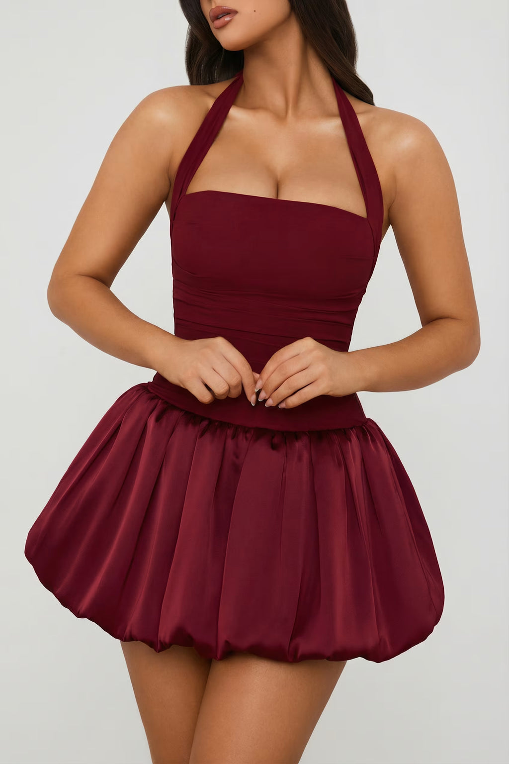 Halter Satin balloon hem mini dress