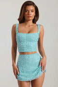 Embellished square neck top mini skirt set in blue