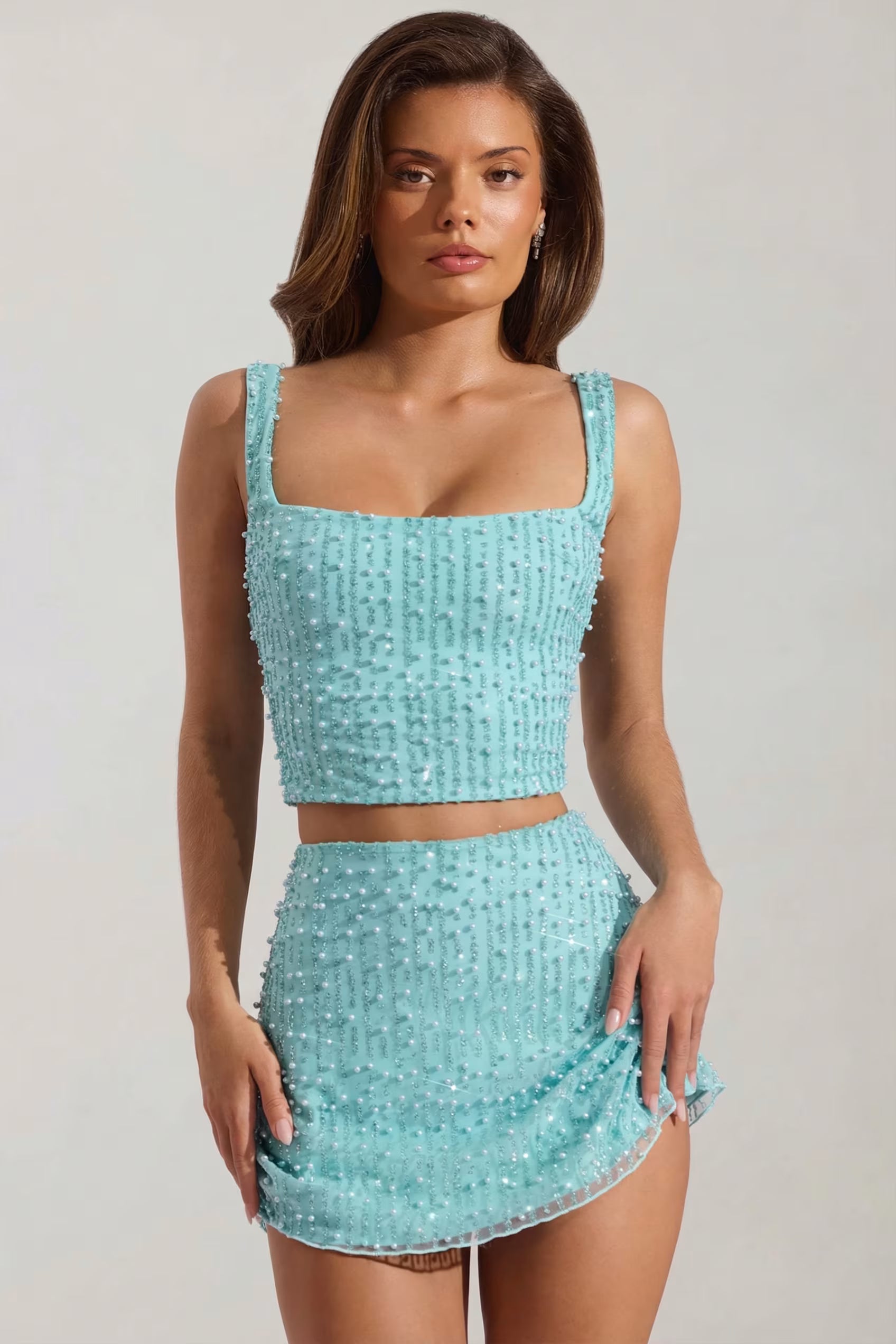 Embellished square neck top mini skirt set in blue