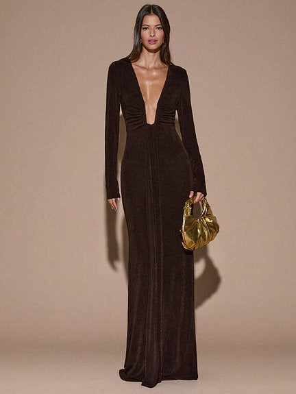 Deep V slinky brown Maxi dress