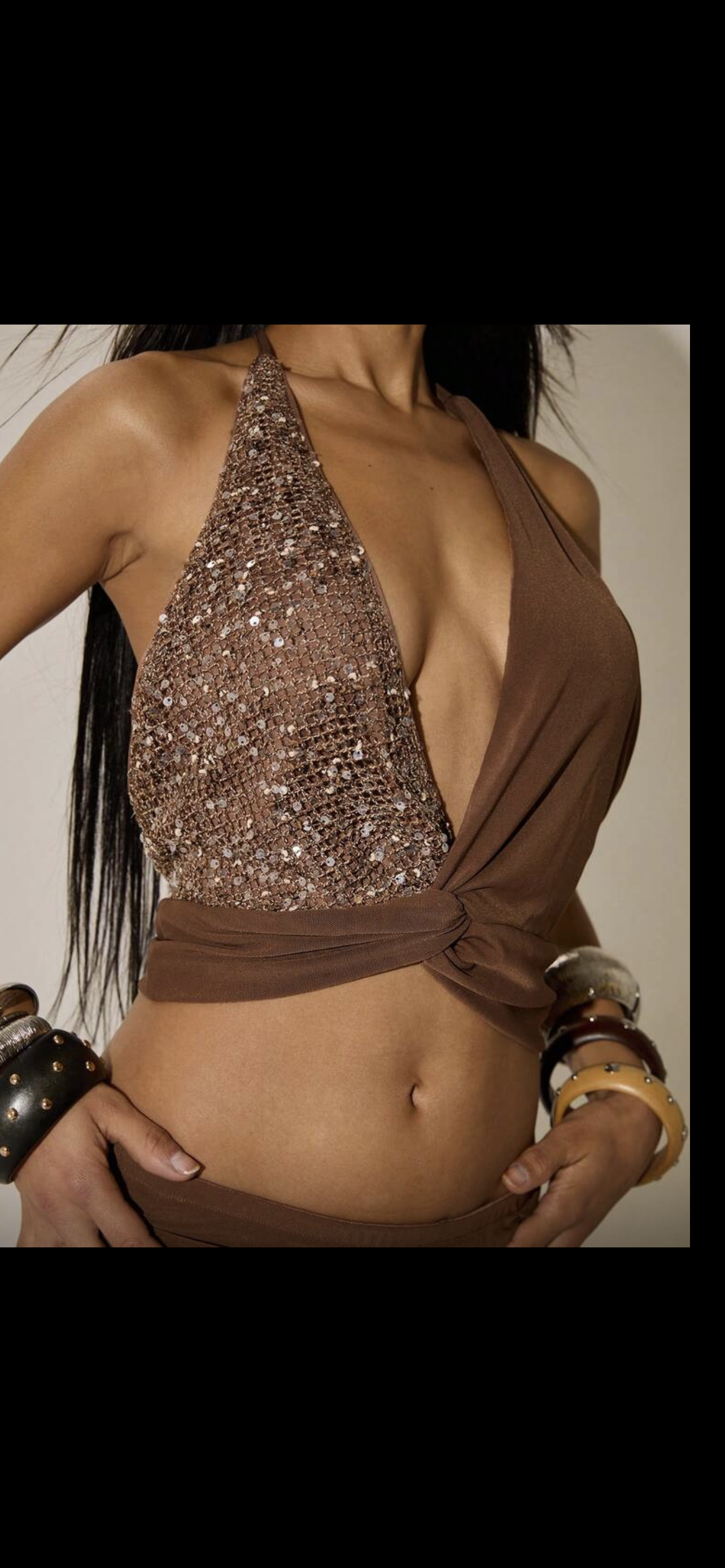 Sequin mesh brown halterneck set