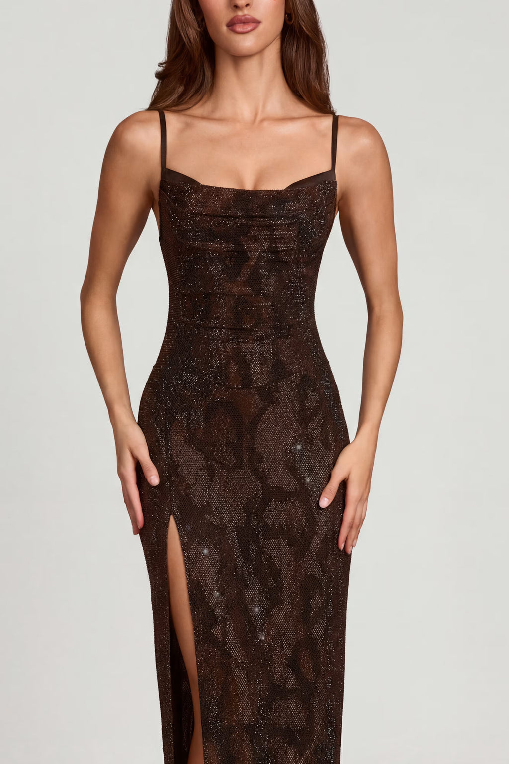 Brown embellished snake print maxi dress