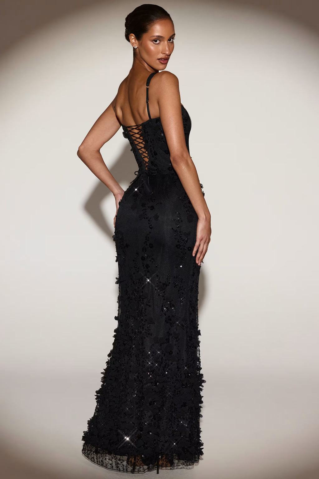 Square neck corset 3d floral embellished maxi dress black