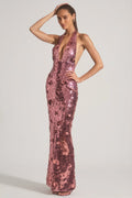 Embellished halter backless 3d floral maxi dress in pink