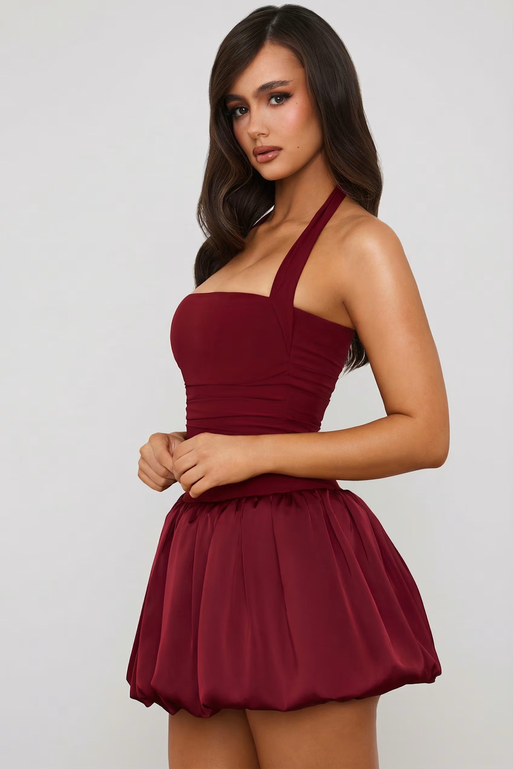 Halter Satin balloon hem mini dress