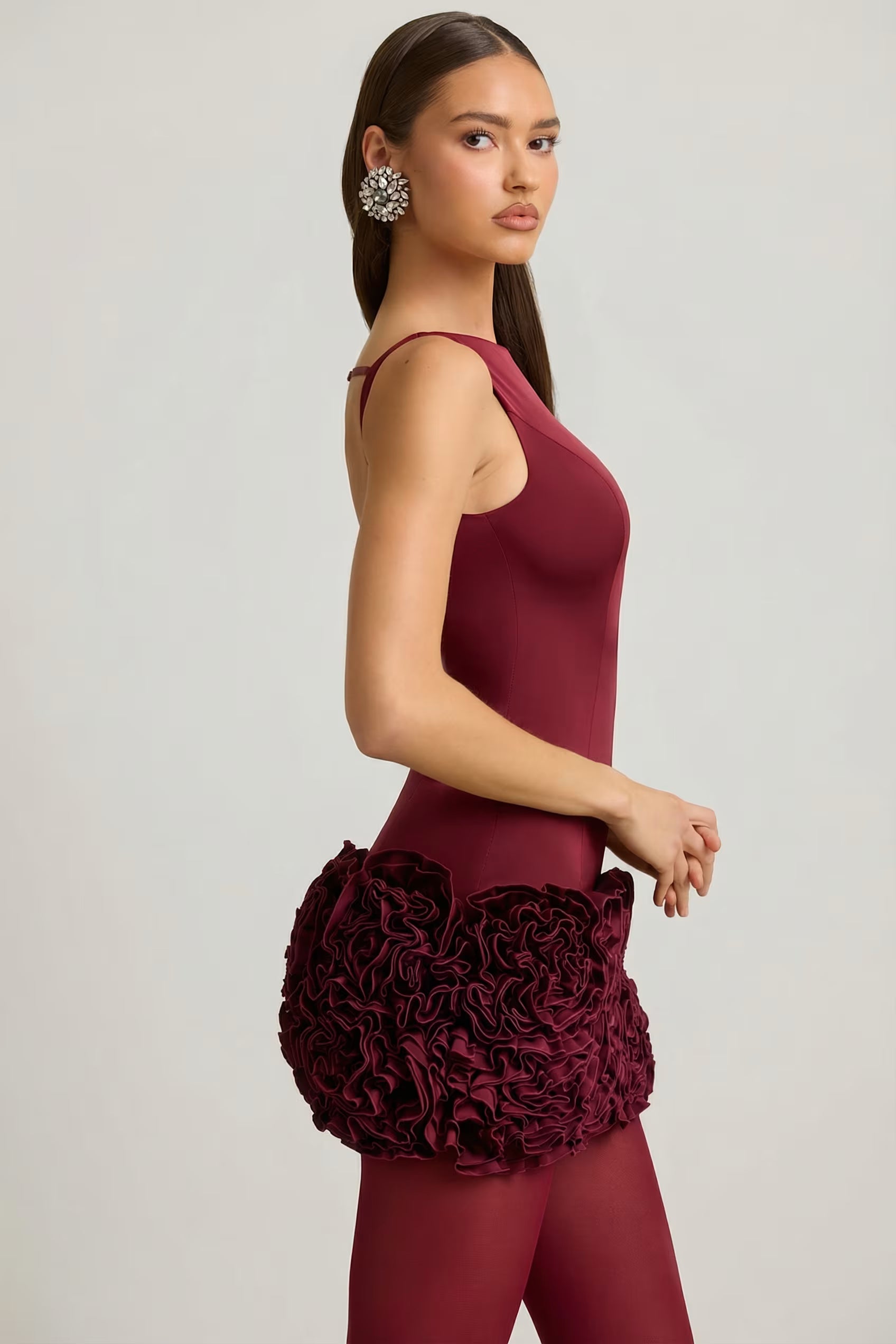 Backlesa 3d floral satin mini dress in burgundy