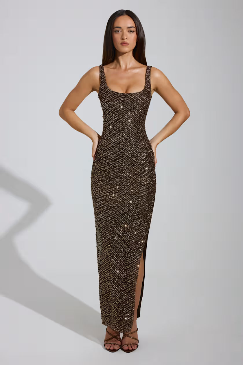 Embellished Brown backless dress