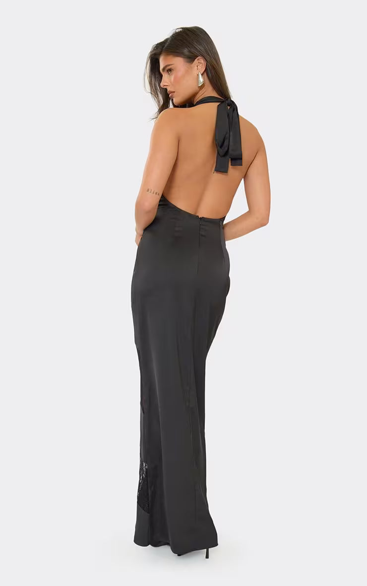 Satin lace halter maxi slip dress black