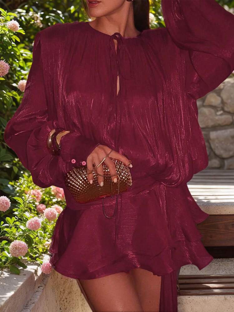 Organza Trendy Mini Dress in Burgundy