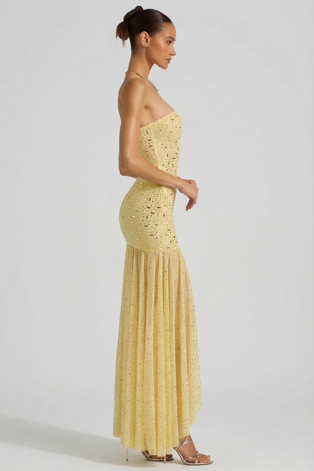 Embellished asymmetrical maxi dress in butter yellow