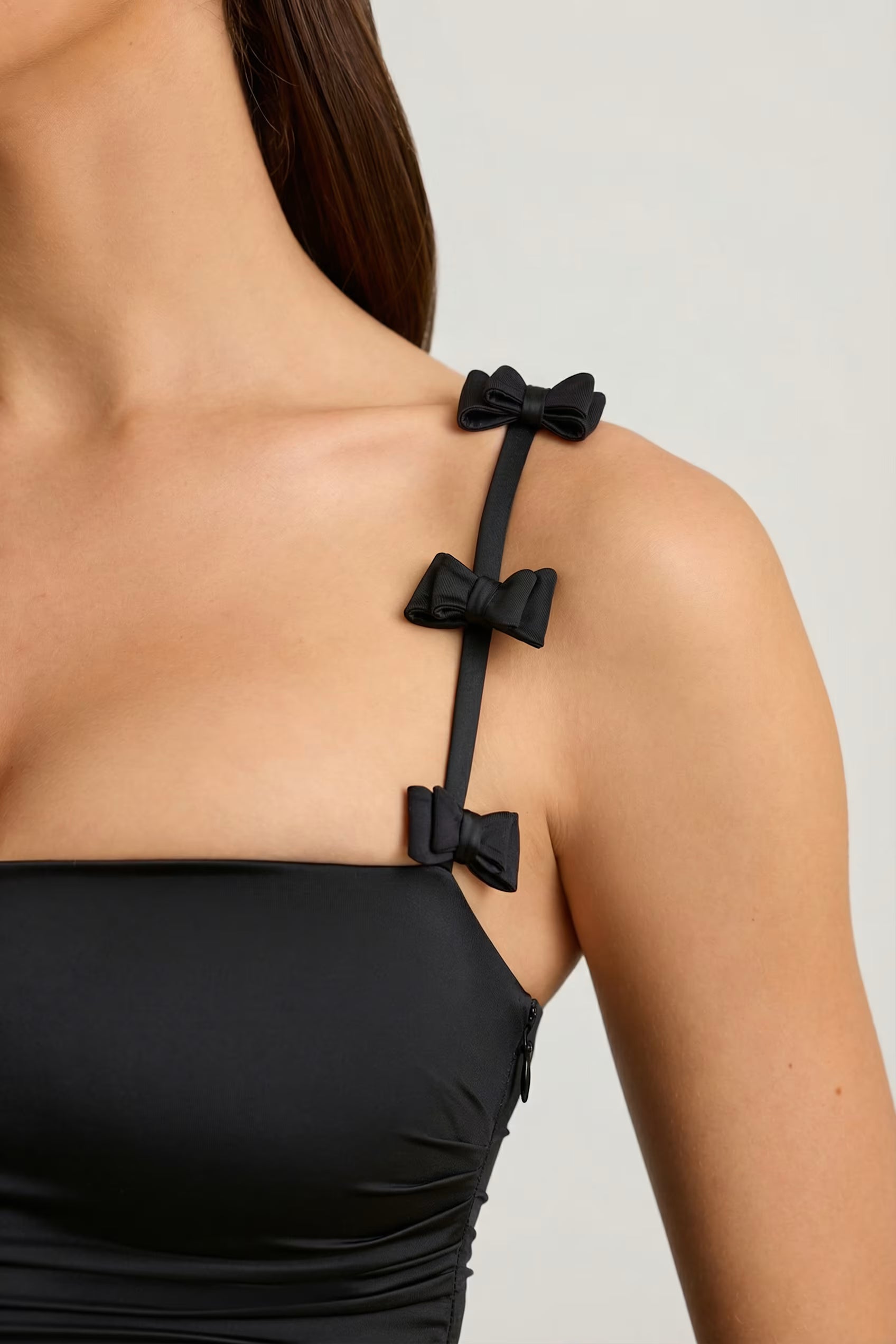 Satin ballon hem with mini floral straps in black