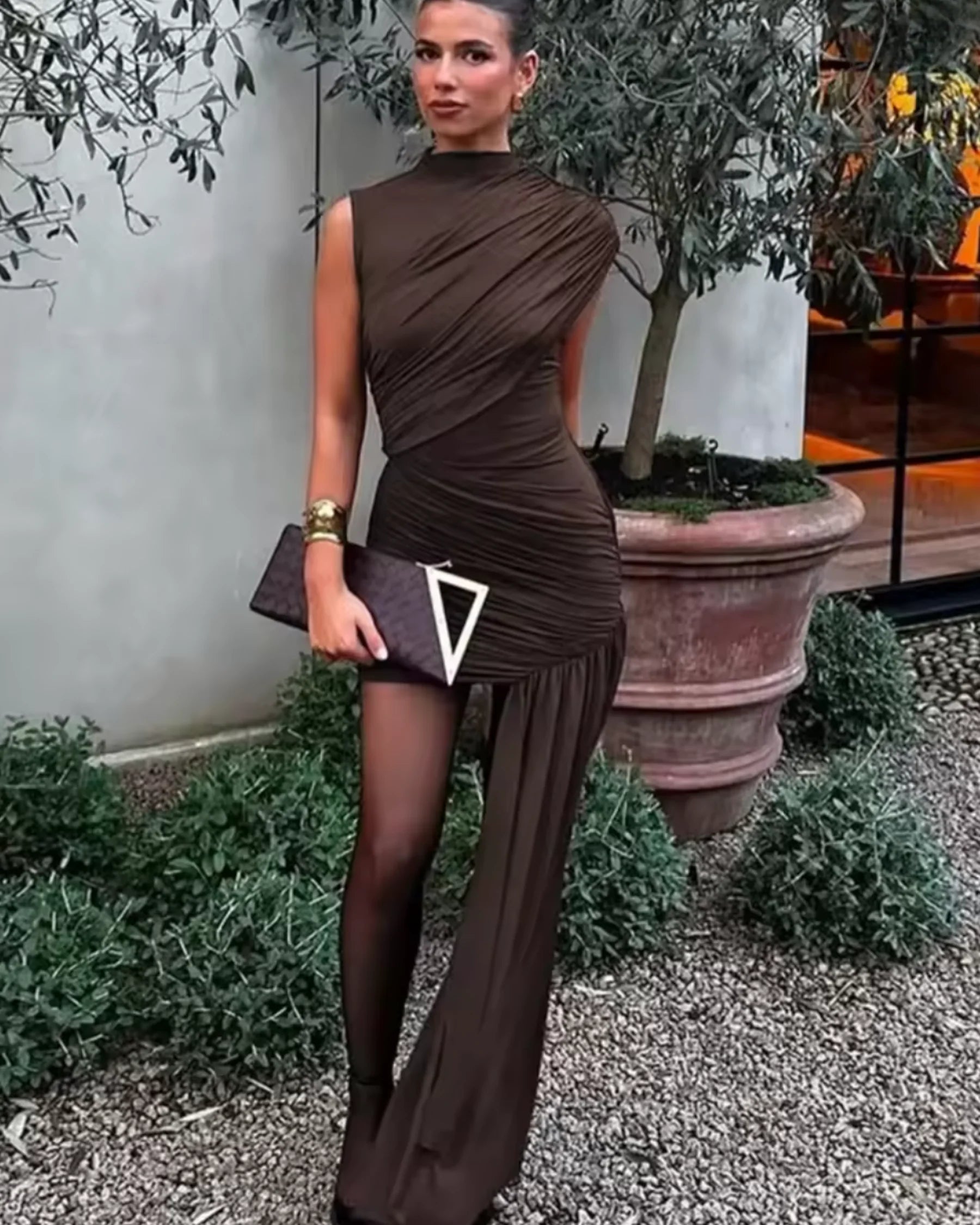 Draped slinky Mini dress brown