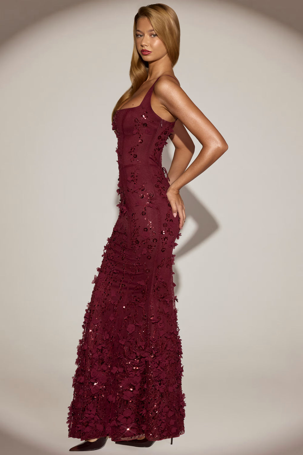 Embellished 3d floral gown in  burgundy