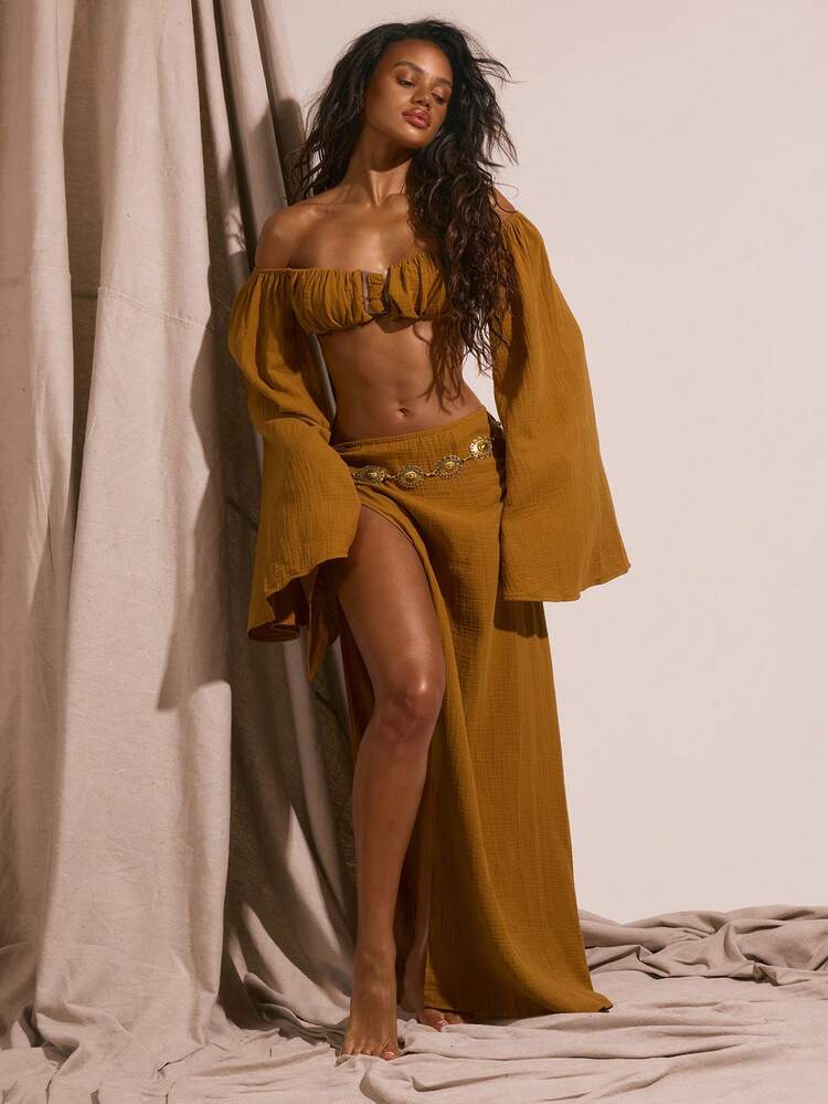 Brown off shoulder resort skirt set