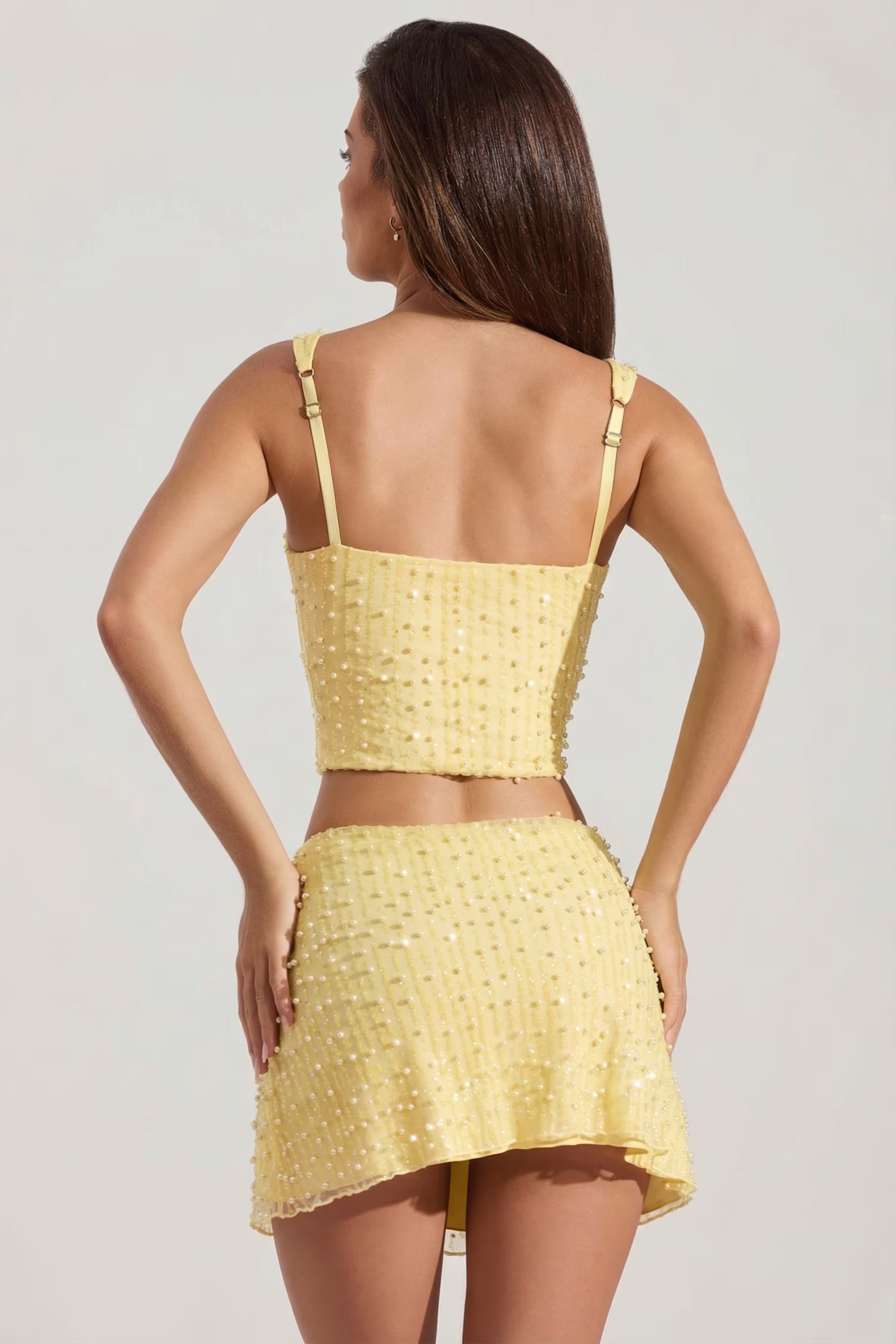 Embellished square neck top mini skirt set