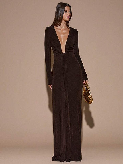 Deep V slinky brown Maxi dress
