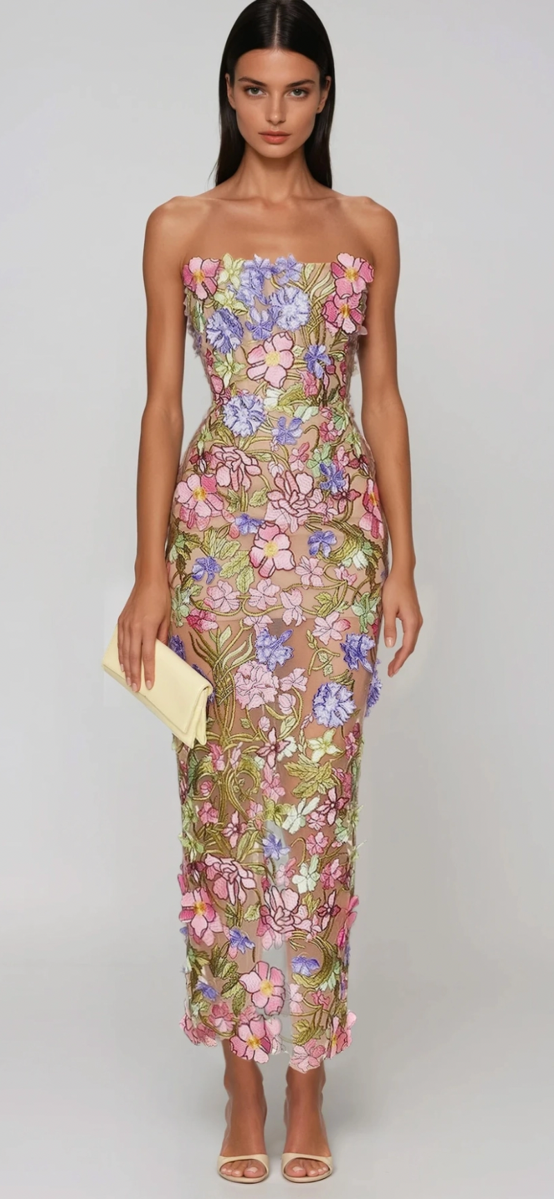 Multi colored floral embroidered maxi dress