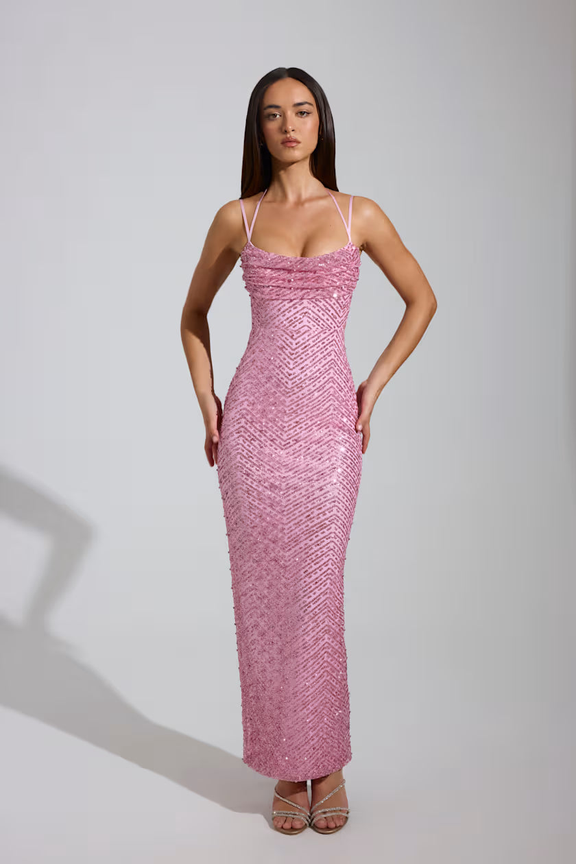 Sequin cowl neck with back cutouts maxi gown